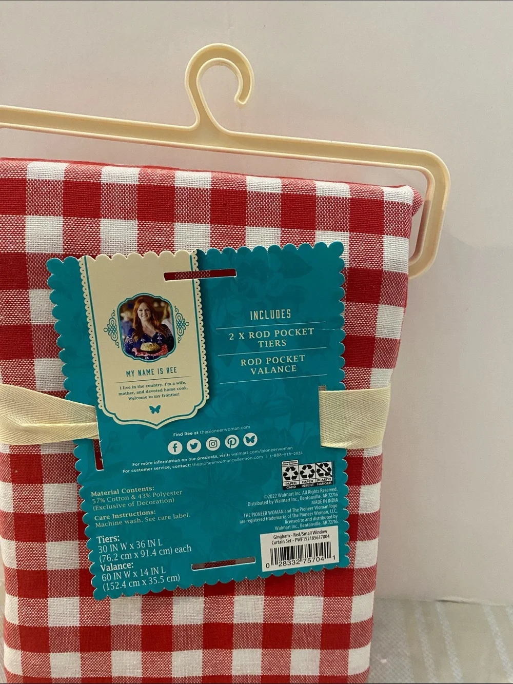 The Pioneer Woman Red and White Gingham Window Curtain Set with Red Pom Trim